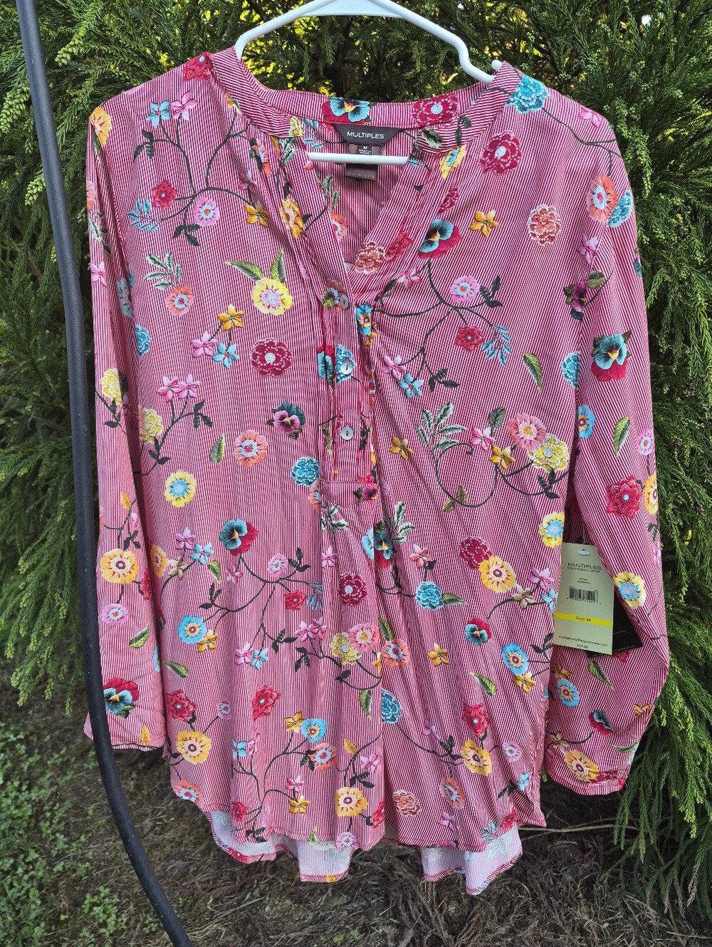 NWT Multiples Red Floral Pintuck Henley Blouse Medium